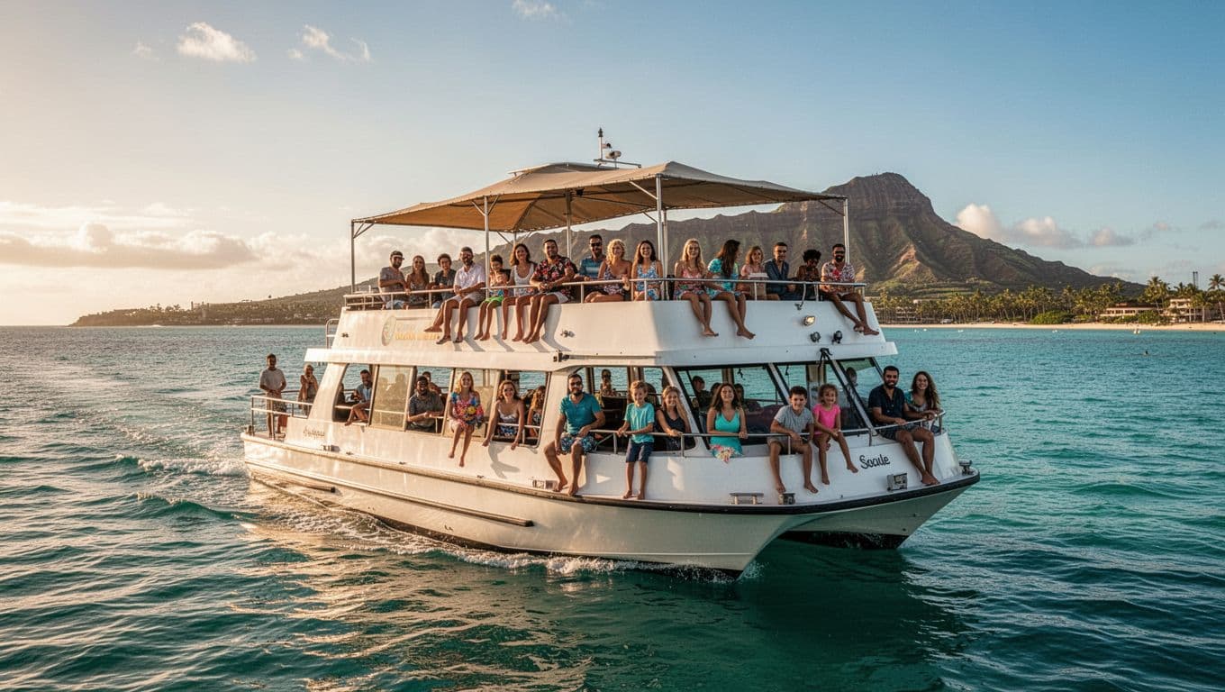 A stable large double-decker tour boat cruises smoothly on calm turquoise ocean off Waikiki Beach, with happy diverse family relaxing on upper deck under shaded areas and distant Diamond Head view. Wide cinematic shot from water level in dramatic golden hour lighting.