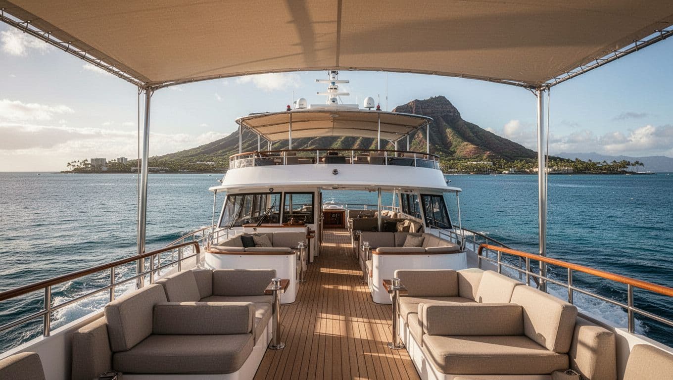 A spacious double-decker tour boat navigates calm azure waters off the coast of Oahu. Diamond Head crater rises in the hazy distance under a bright sky with high-contrast dramatic lighting.
