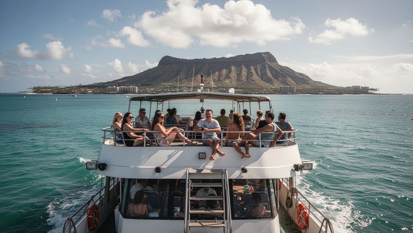 Double-decker tour boat like Coral Kai departing from Kewalo Basin near Waikiki, Honolulu, on calm turquoise waters under sunny sky, with passengers on upper deck and Diamond Head in background.