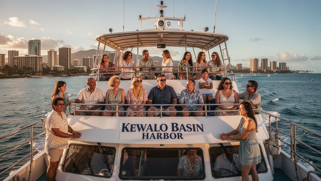 Double-decker tour boat sails from Kewalo Basin Harbor toward open ocean off Waikiki on a calm sunny morning, with families and couples relaxing on the upper deck and Honolulu skyline in the distance.