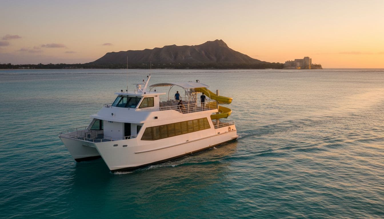 Modern double-decker tour boat cruising turquoise waters off Waikiki Beach at golden hour, upper deck with water slide and shaded seating, Diamond Head background, four distant relaxed passengers.