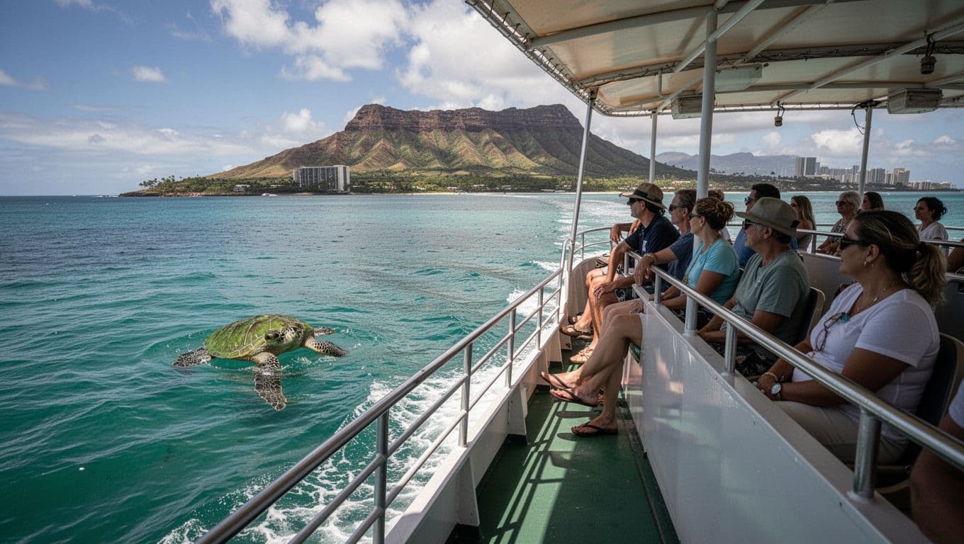 Double-decker tour boat cruising calm turquoise waters off Waikiki Oahu, upper deck with six relaxed people under shade watching a Hawaiian green sea turtle surfacing nearby and distant Diamond Head.
