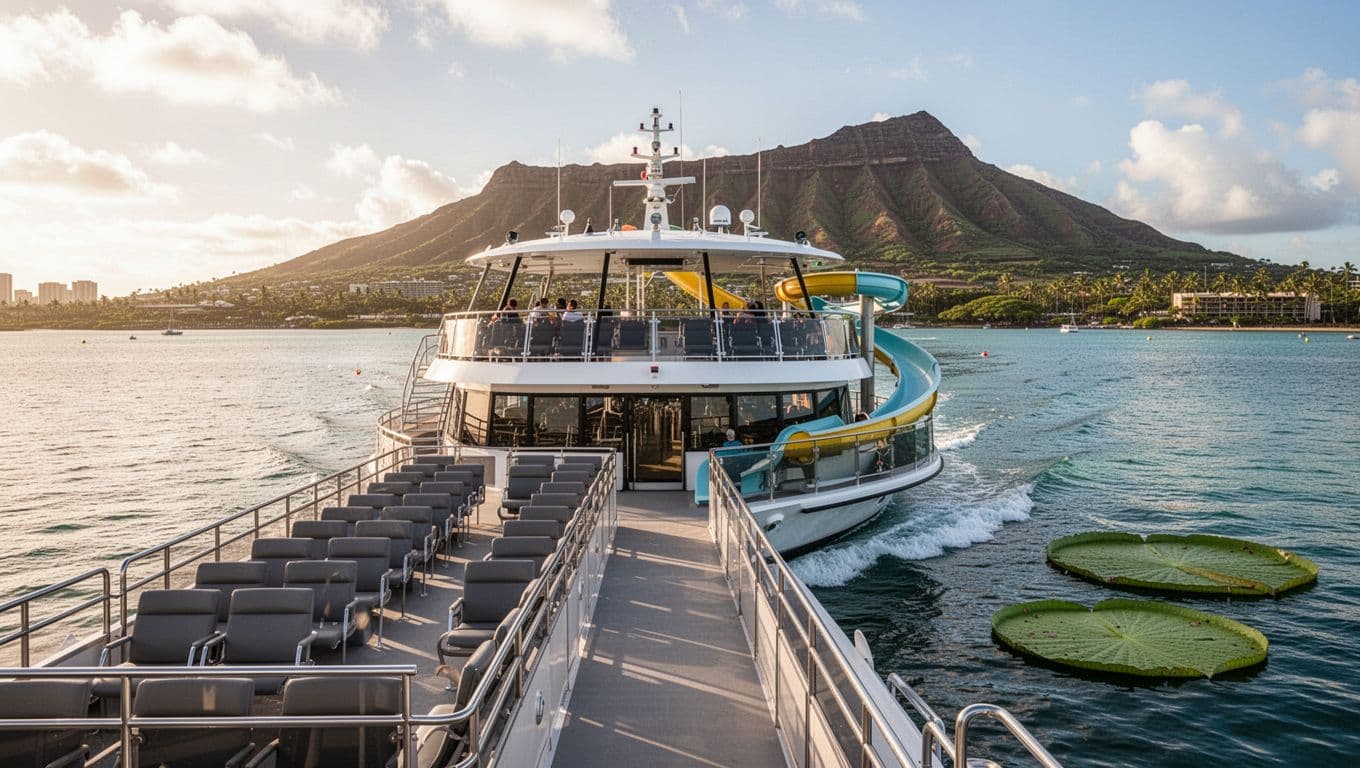 Upper deck of a modern double-decker tour boat with shaded seating areas, water slide, and lily pad, cruising calm Waikiki waters with Diamond Head in the distance under sunny afternoon light.
