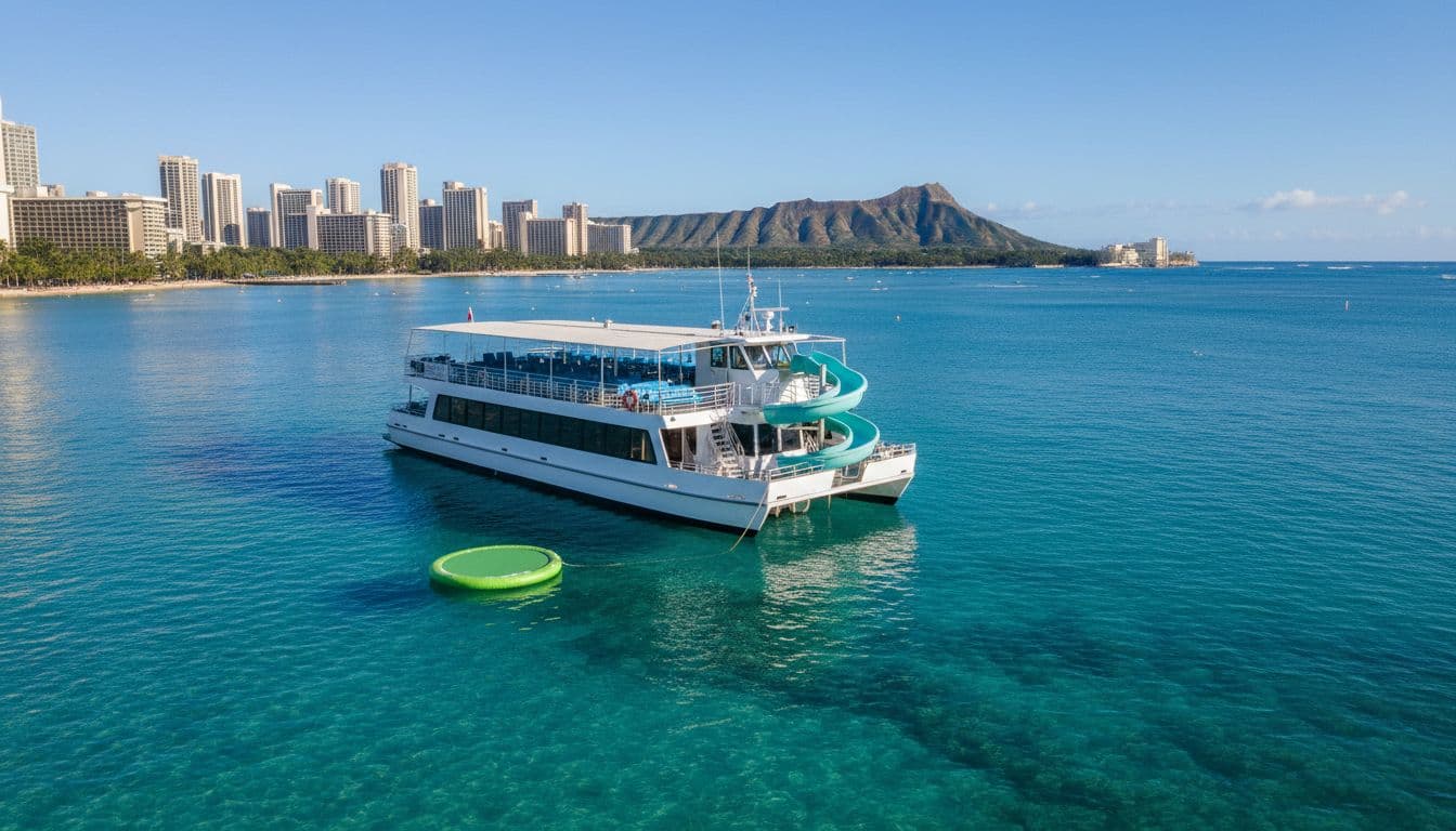 Double-decker tour boat anchored in calm Waikiki bay featuring upper deck water slide, shaded seating, lily pad, clear blue ocean, and distant Waikiki skyline with Diamond Head on a bright sunny day.