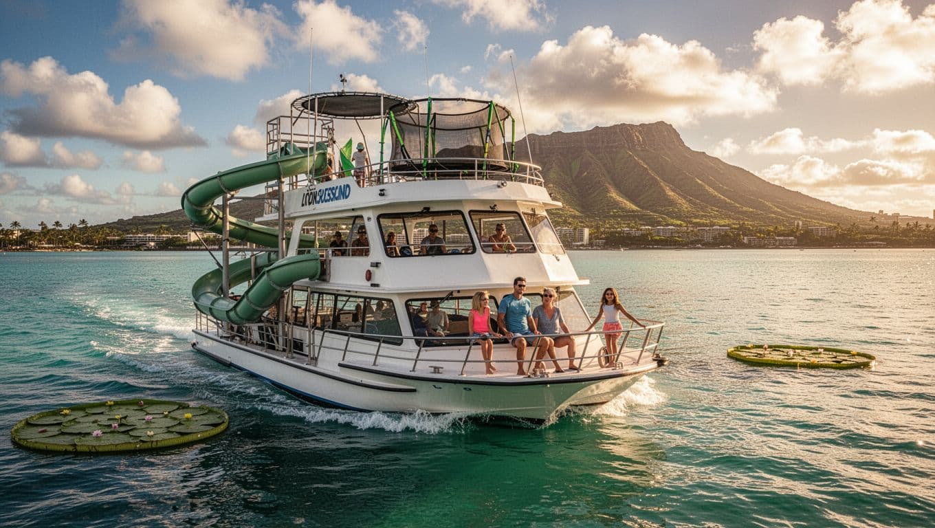 Double-decker tour boat cruising turquoise waters off Waikiki Oahu with upper deck water slide and trampoline, Diamond Head in background, golden hour lighting, four relaxed family members on board.