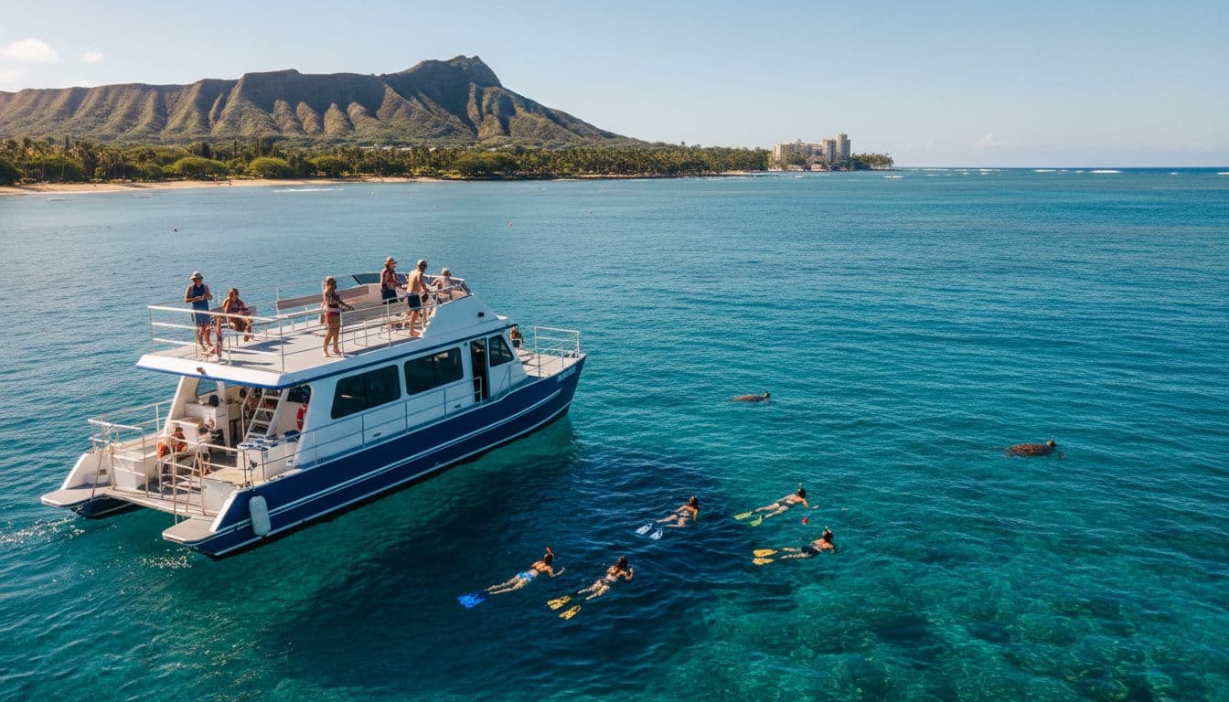 A double-decker boat cruises calm Waikiki waters under sunny skies, with passengers snorkeling nearby and turtles in the distance, Oahu coastline in the background.
