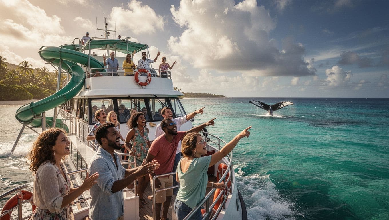 Stable double-decker tour boat with upper deck water slide cruises calm turquoise waters off Waikiki Oahu coastline as passengers excitedly spot a distant humpback whale tail fluke on a sunny tropical day.