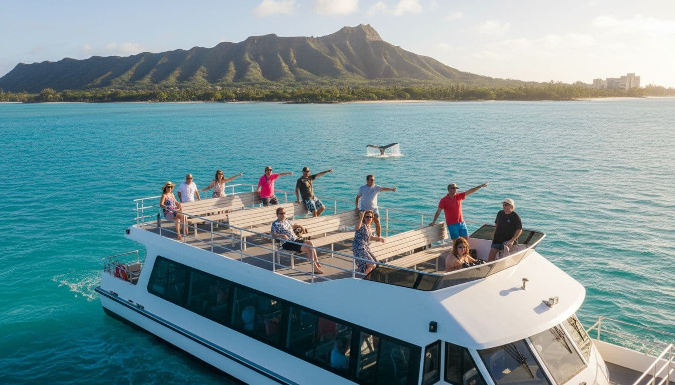A double-decker tour boat cruises sunny Waikiki waters with a humpback whale tail visible in the distance. Relaxed passengers on deck watch excitedly amid blue ocean and green mountains.