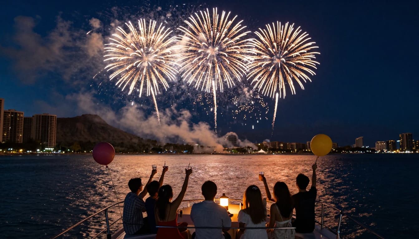 A small group of six friends cheers on a stable double-decker boat at night off Waikiki, watching Friday night fireworks explode over Hilton Hawaiian Village with colorful bursts reflecting on the ocean, birthday balloons floating, and Diamond Head silhouette in the background.