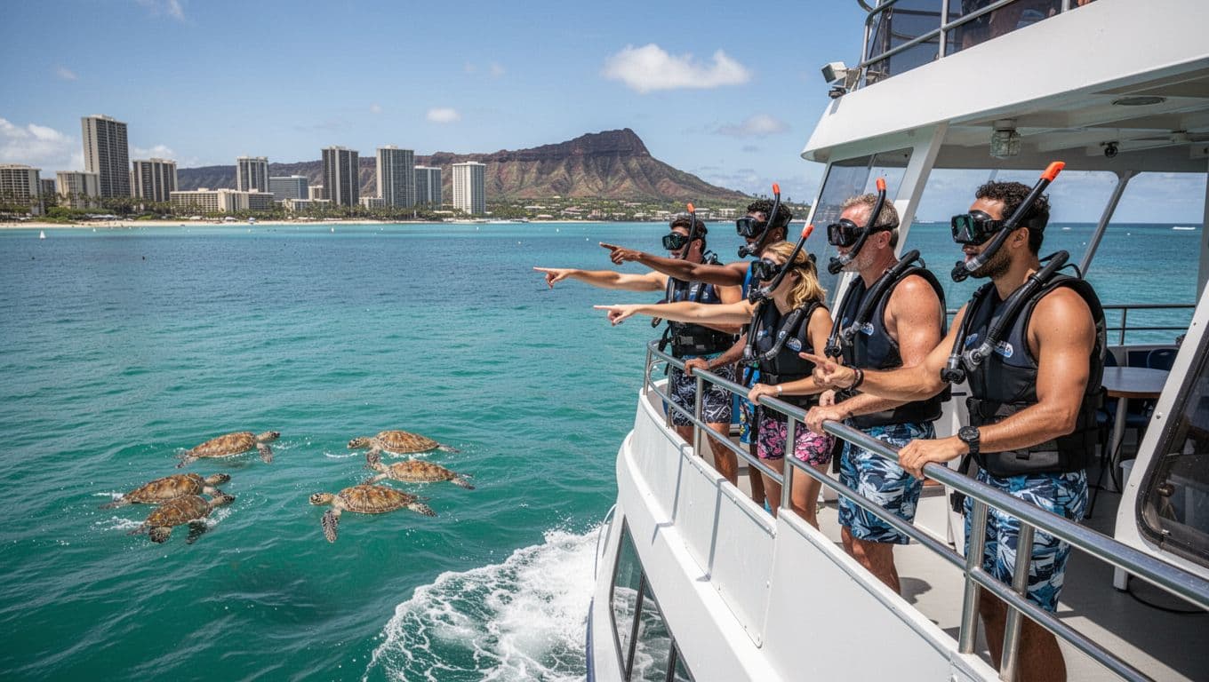 Double-decker boat cruises calm turquoise waters off Waikiki Beach as six diverse tourists in snorkel gear excitedly point at Hawaiian green sea turtles from the upper deck, with Honolulu skyline and Diamond Head in the background under dramatic midday sunlight.