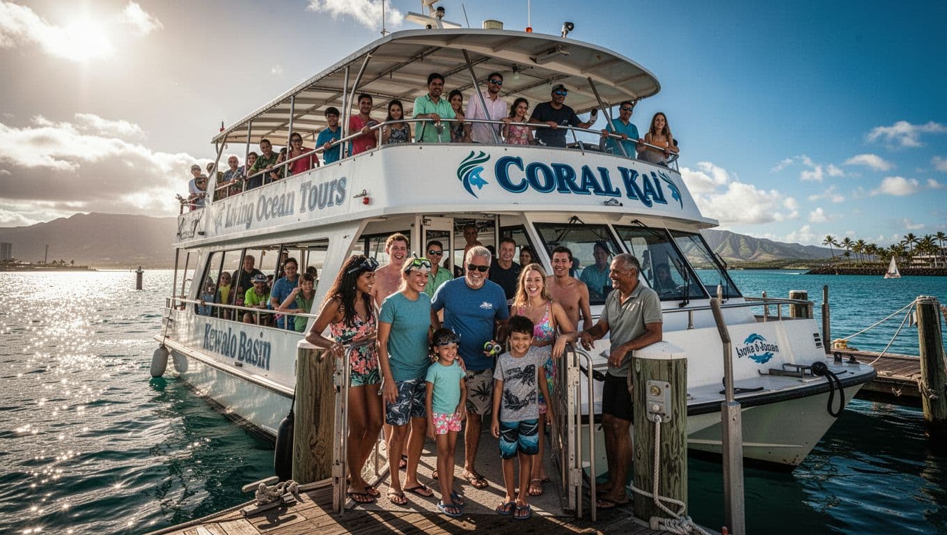 Excited diverse families boarding a double-decker snorkel tour boat like Coral Kai at Kewalo Basin harbor near Waikiki, Oahu, on a sunny day with dramatic ocean backdrop.
