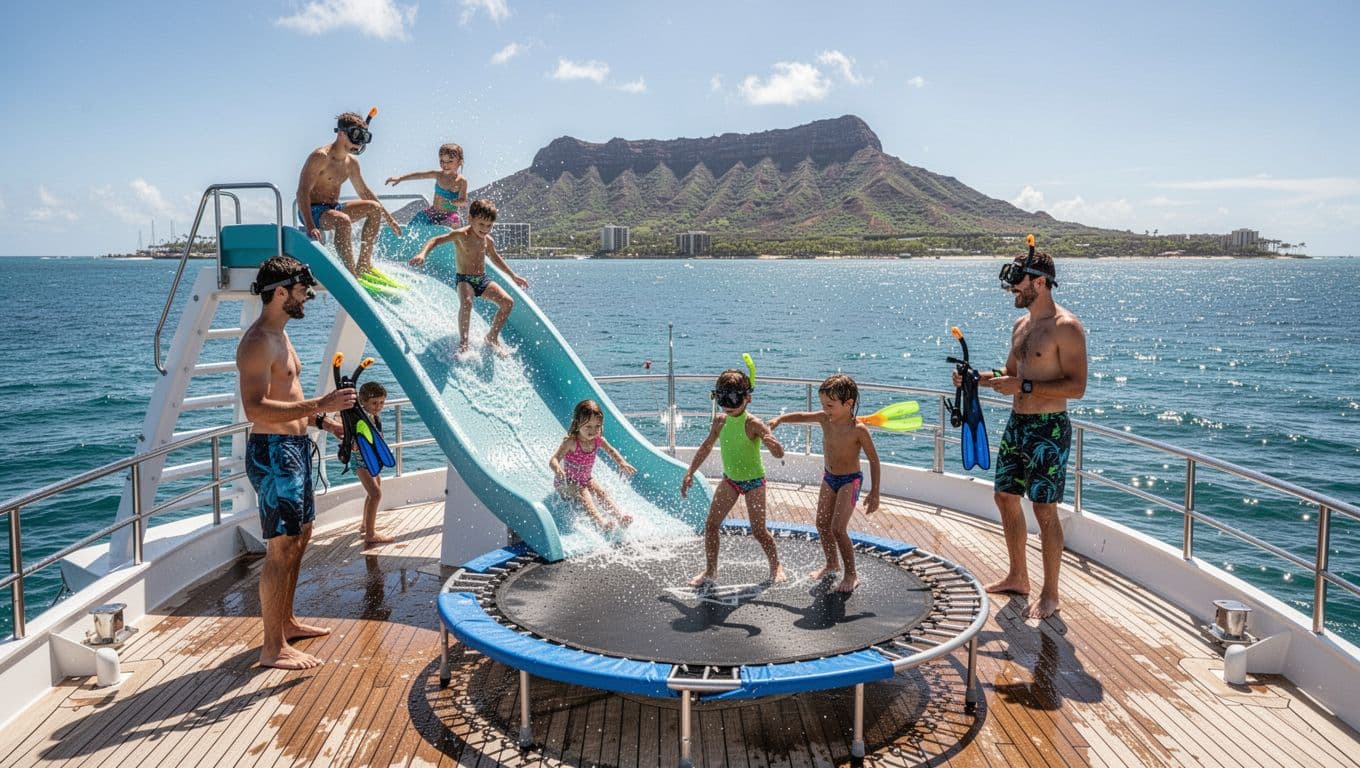 Family of four on boat deck with water slide and trampoline in Waikiki ocean, Diamond Head visible.