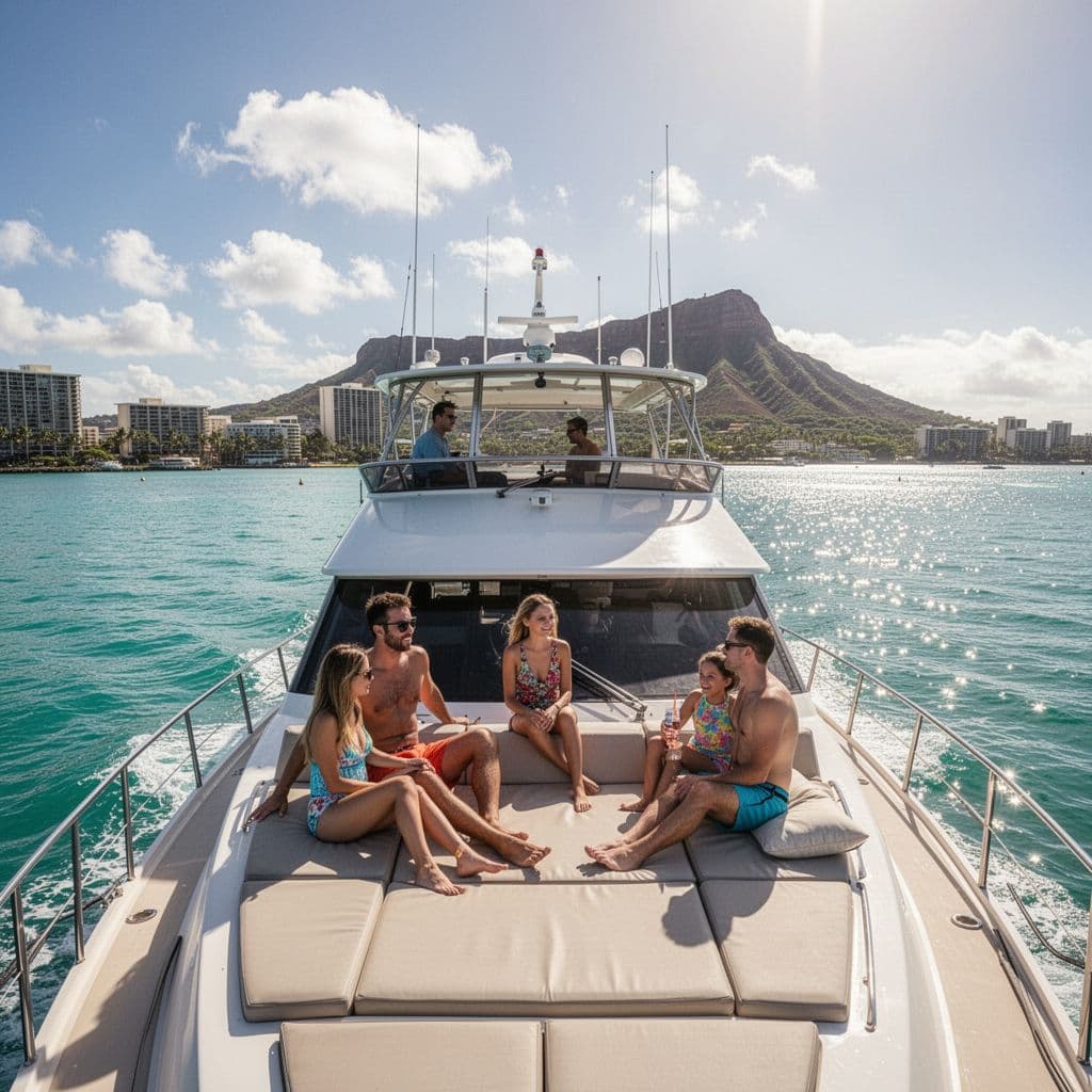 A smiling family of four stands on the deck of a double-decker boat surrounded by sparkling turquoise water. In the distance, the iconic silhouette of Diamond Head rises against a clear sky.