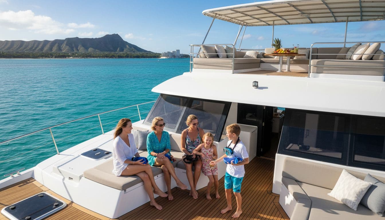 A intimate group of four adults and two children relaxes on the deck of a luxurious double-decker catamaran cruising calm turquoise waters near Waikiki Beach, with Diamond Head crater in the background. They smile and chat with snorkel gear and towels in sunny tropical lighting.