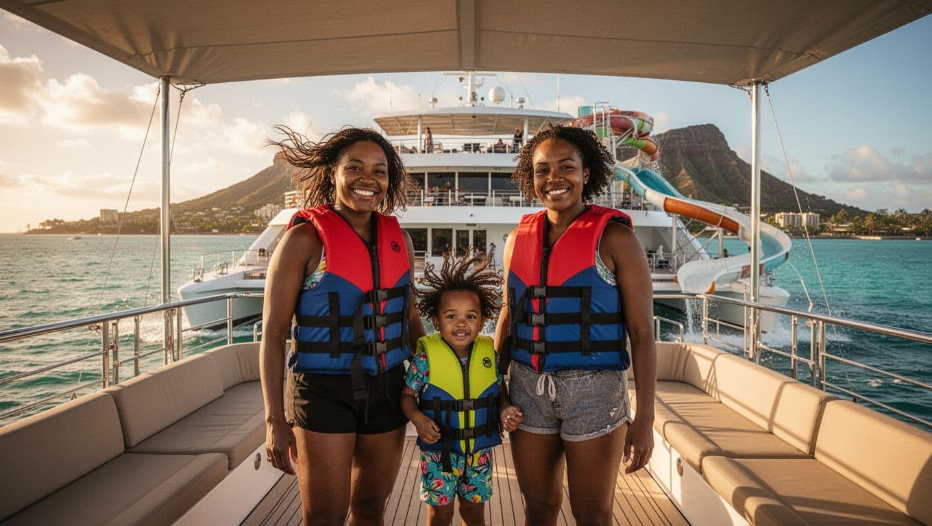 Happy multiracial family in colorful life jackets smiles on catamaran deck with turquoise waters and Diamond Head behind.