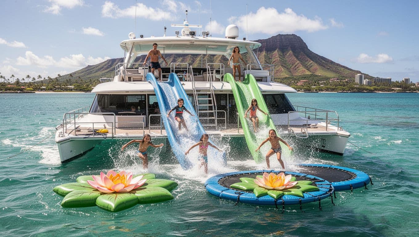 Double-decker power catamaran with water slide, trampoline, and lily pad near Waikiki Oahu, family of four enjoying water activities, Diamond Head volcano in distance, turquoise ocean on sunny day.