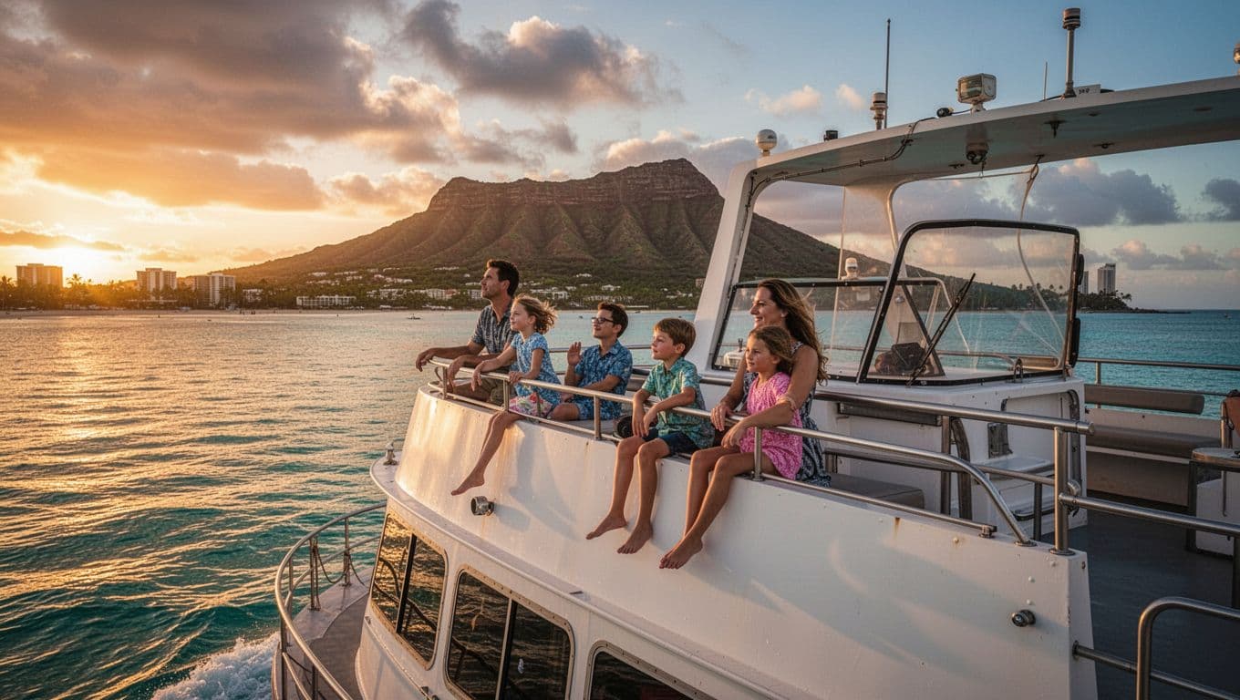 A double-decker boat cruises calm turquoise waters off Waikiki Beach with Diamond Head in the background. Two adults and two children relax on the upper deck enjoying dramatic golden hour sunset views in cinematic style.