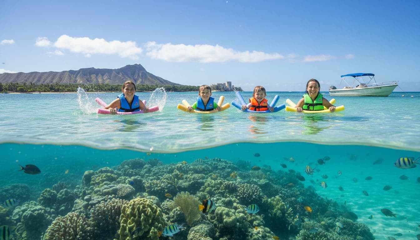 Family of two adults and two children in colorful life jackets holding foam noodles, floating in shallow turquoise waters off Waikiki Beach with coral, fish below, and Diamond Head in background on sunny day.