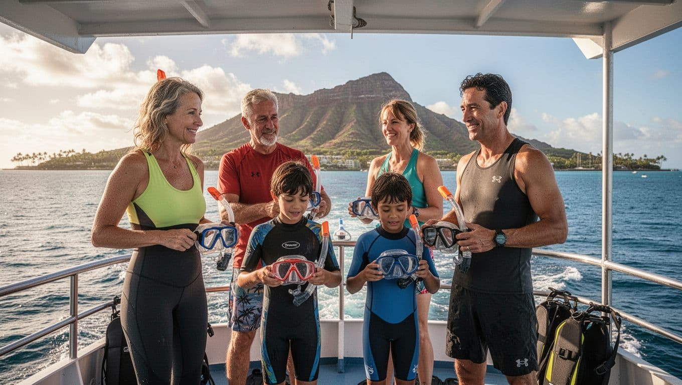 A family of four excitedly prepares snorkel gear on the upper deck of a double-decker boat in calm Waikiki waters, with Diamond Head volcano in the sunny background.