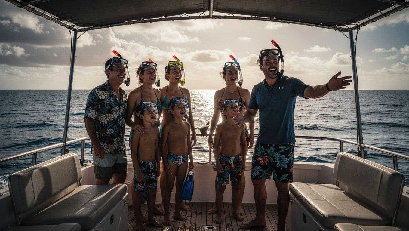 Family of four and guide on boat deck with snorkel gear, excited as guide points to calm ocean.