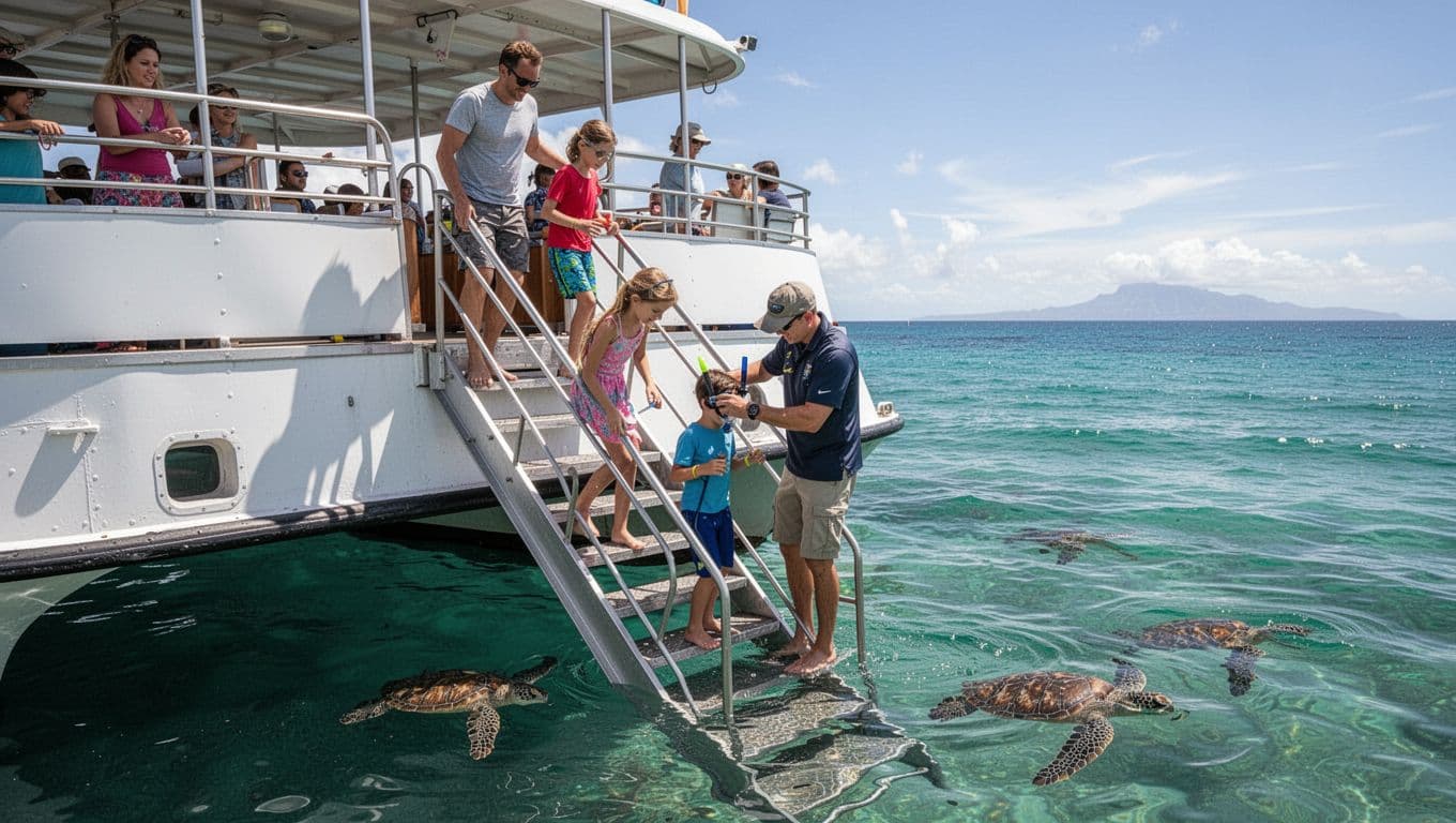 Family of four on double-decker boat off Waikiki, guide helps child with snorkel gear near ladder into turquoise water, turtles below.