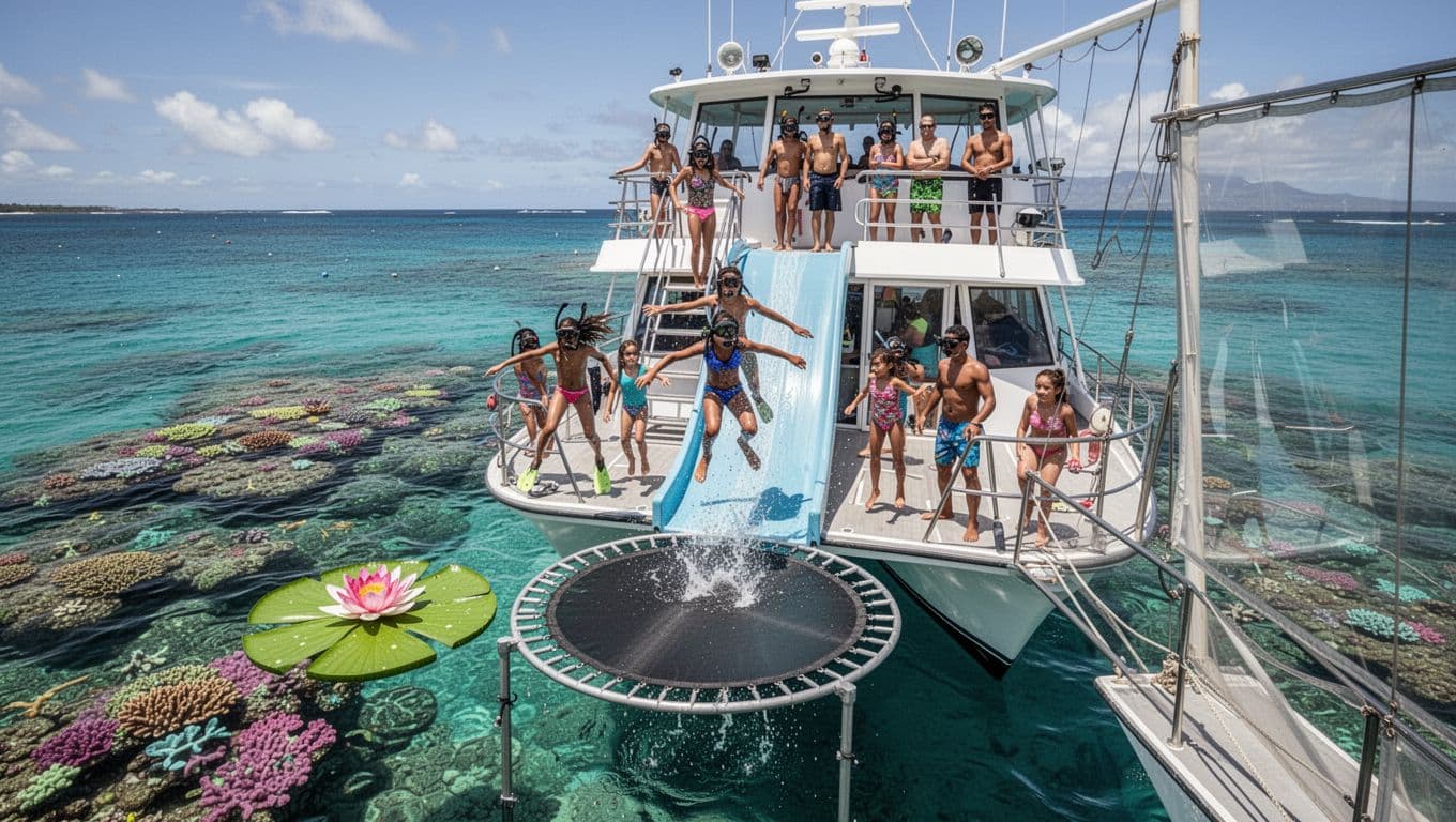 Family on double-decker boat with water slide, trampoline, lily pad in turquoise water; kids jumping, coral reef below.