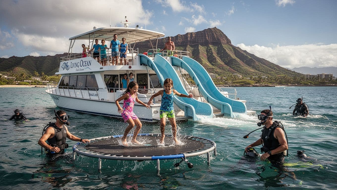 Family of four on a double-decker boat off Waikiki coast, kids bouncing on water trampoline, parents snorkeling nearby, Diamond Head backdrop in cinematic style.