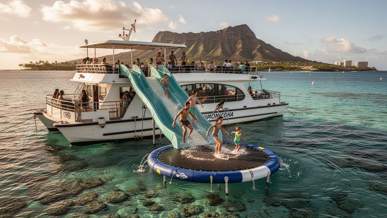 Double-decker tour boat anchored near Waikiki reef with water slide and trampoline, where two adults and two children enjoy relaxed water activities in calm turquoise waters, Diamond Head in the distance, under dramatic golden hour lighting.