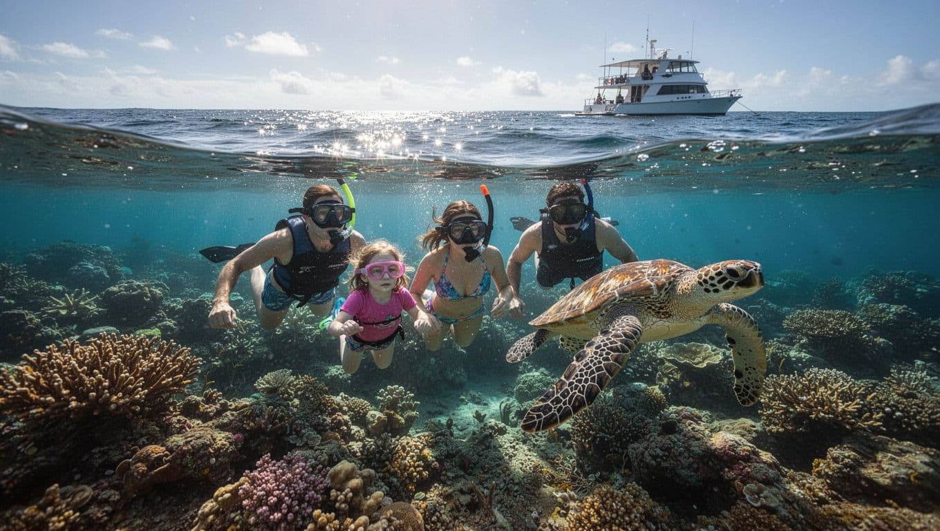 A family of three snorkelers—two adults and one child—relaxed floating in a vibrant coral reef off Waikiki under afternoon sun, with a Hawaiian green sea turtle swimming nearby and a double-decker boat anchored in the sparkling background.
