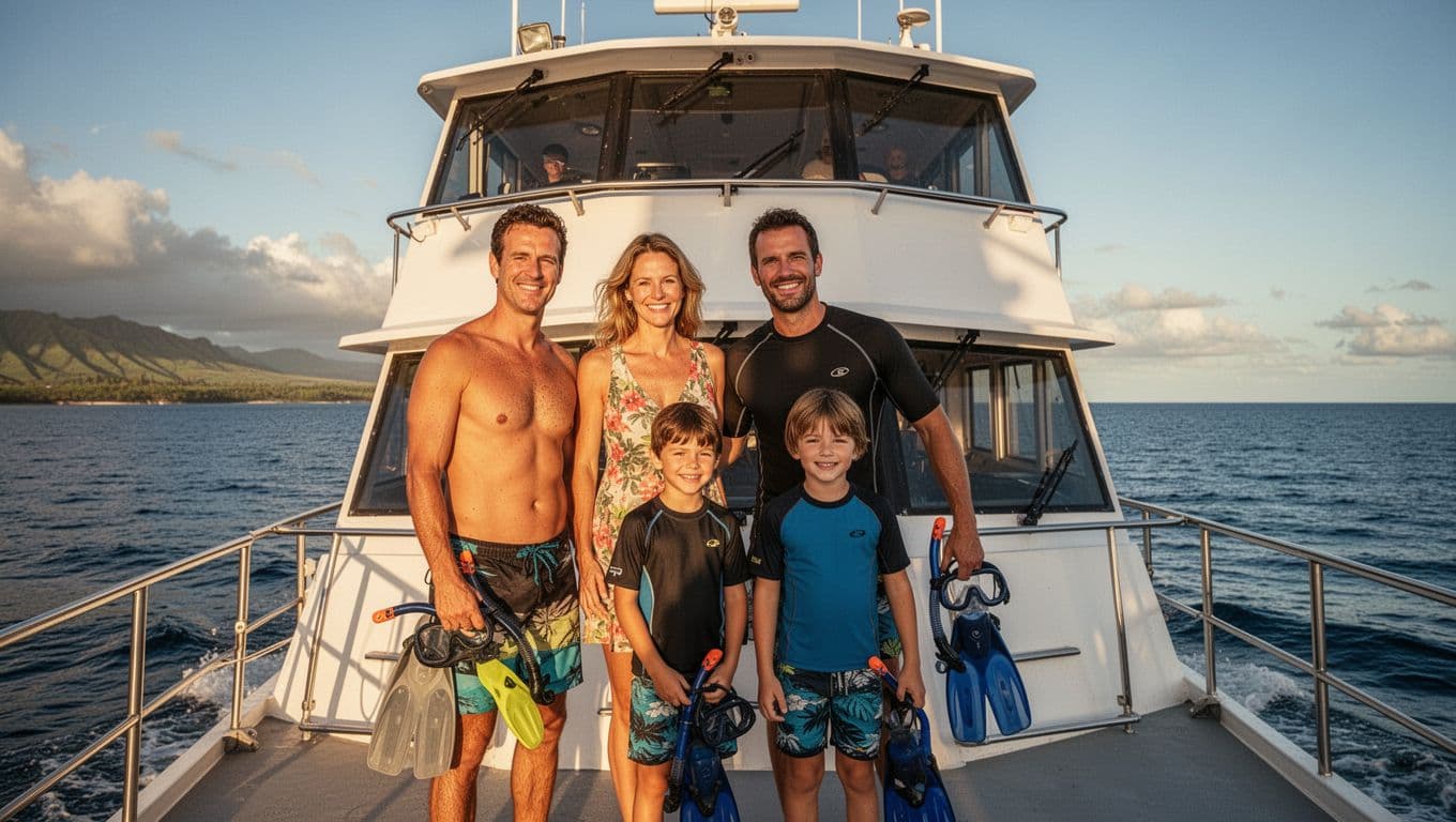 Family of four smiles on double-decker boat off Waikiki with snorkel gear amid calm blue ocean.