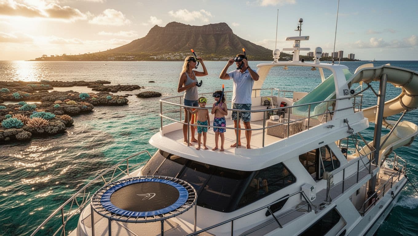 Happy family of four on upper deck of double-decker boat with water slide and trampoline, anchored near Waikiki reef preparing to snorkel, Diamond Head in golden hour background.