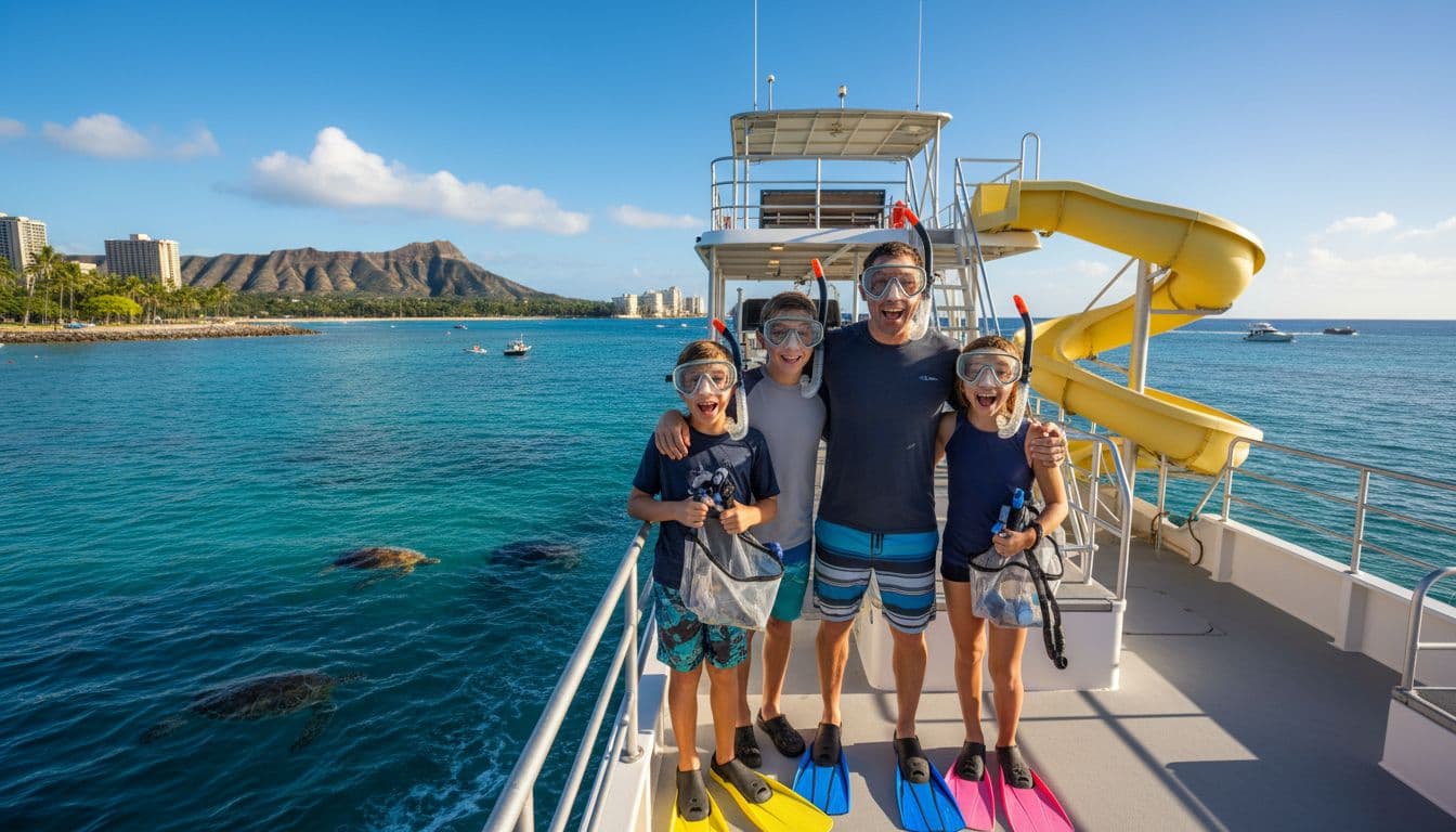 A family of four—two adults and two kids—smiles excitedly on the upper deck of a double-decker boat departing Waikiki harbor for snorkeling, wearing gear, with turtles visible in the ocean ahead and a water slide in the background on a sunny day.
