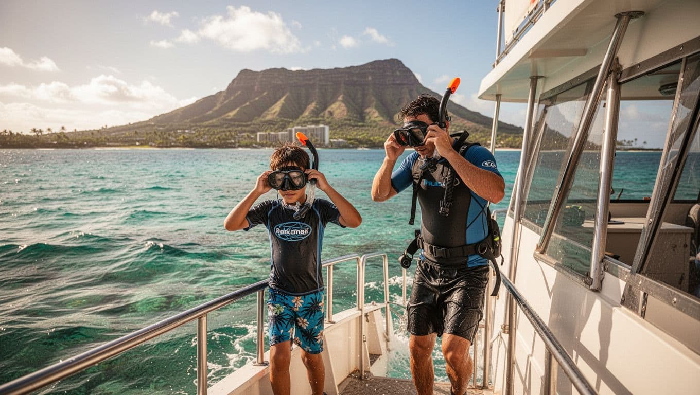 A professional guide assists a child as a family enters clear Waikiki waters from a double-decker boat for snorkeling, with Diamond Head visible on a sunny Oahu day.