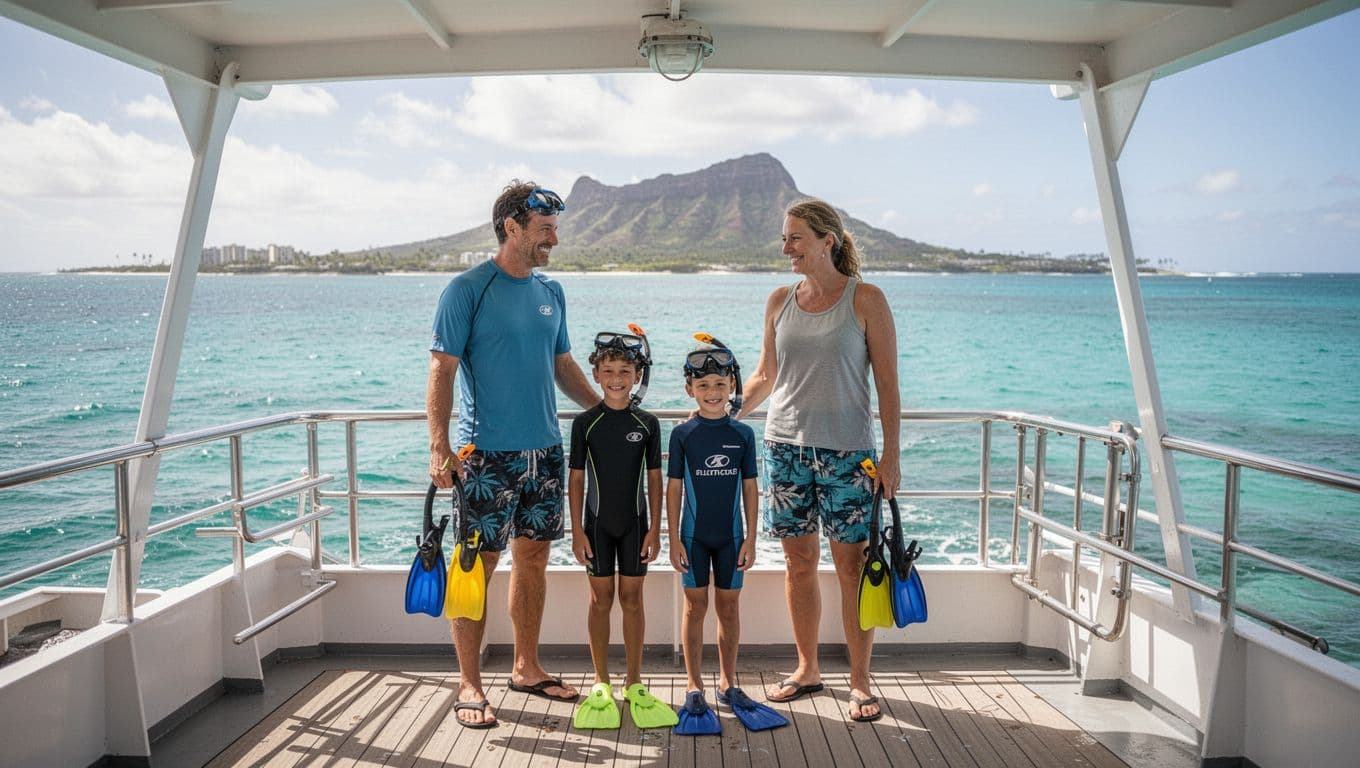 A family of four on a double-decker boat off the Waikiki coast, ready with snorkeling gear amid clear turquoise ocean and distant Diamond Head volcano on a sunny tropical day.
