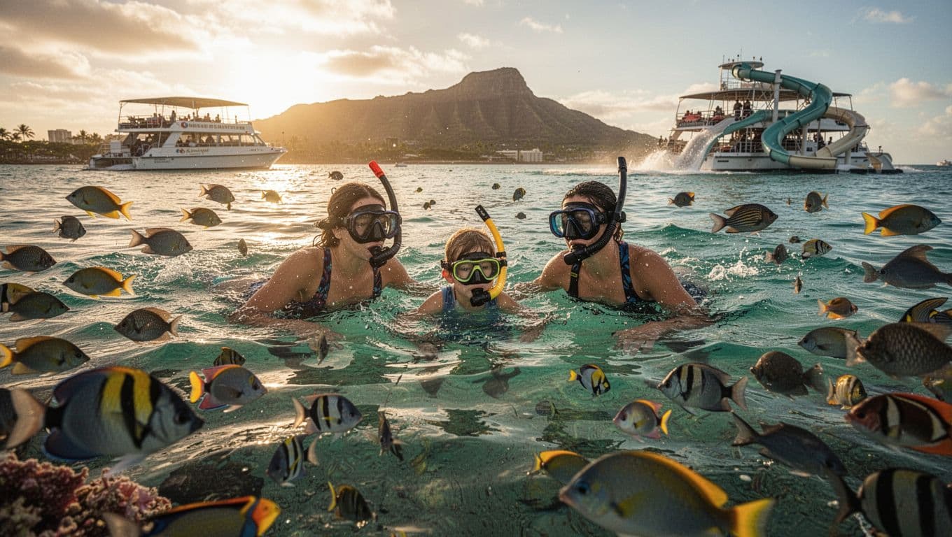 A couple and their child enjoy snorkeling in turquoise afternoon ocean waters off Oahu's Waikiki, surrounded by colorful fish schools, with distant Diamond Head and a double-decker boat in the background under dramatic golden lighting.