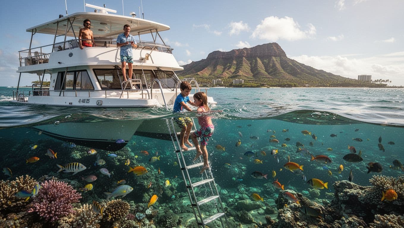 A family of four enjoys snorkeling from an anchored double-decker boat in clear Waikiki waters, with colorful fish and coral visible below the surface. Kids with masks enter the water via the ladder while parents watch from the deck, Diamond Head in the distance on a sunny day.