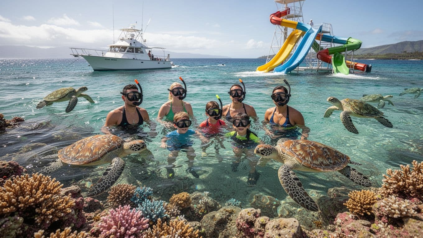 A family of four (two adults, two kids) snorkels relaxedly in clear turquoise waters near a coral reef off Waikiki, with Hawaiian green sea turtles swimming nearby and a boat with water slide anchored in the sunny background.