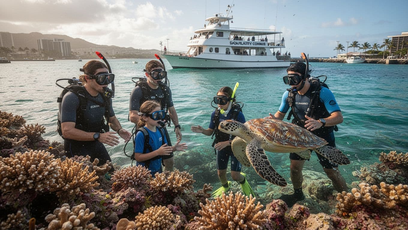 A family of four snorkelers—two adults and two children—explores a vibrant coral reef with one Hawaiian green sea turtle in calm turquoise morning waters off Waikiki, Oahu, with a double-decker boat anchored at Kewalo Basin in the background.