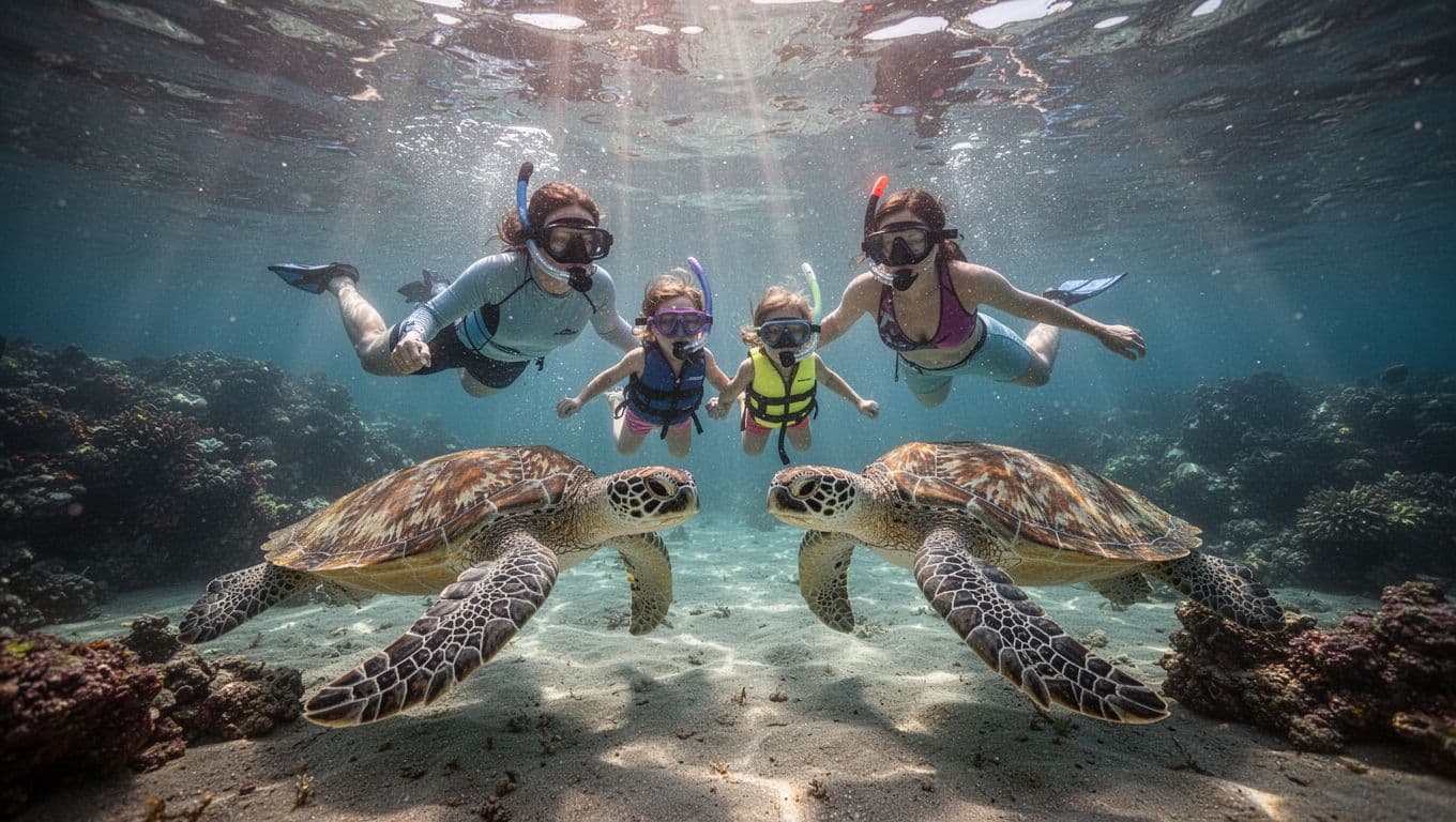 Two adults and two kids snorkel near two green sea turtles in clear shallow Waikiki waters with sunlight rays.
