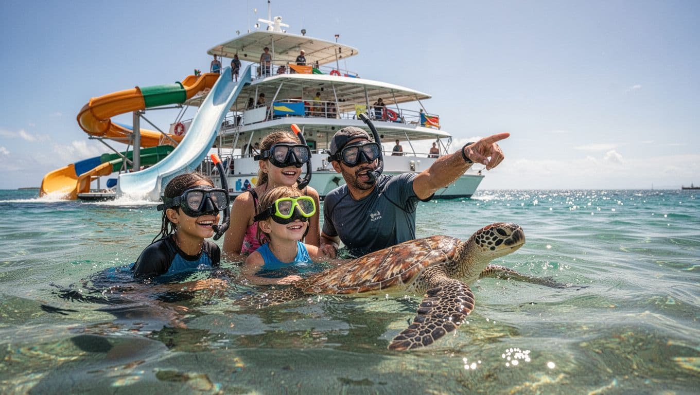 A family consisting of one adult and two smiling kids enjoys snorkeling in clear Waikiki waters from a double-decker boat with a visible water slide, as a professional guide points to turtles on a sunny day.