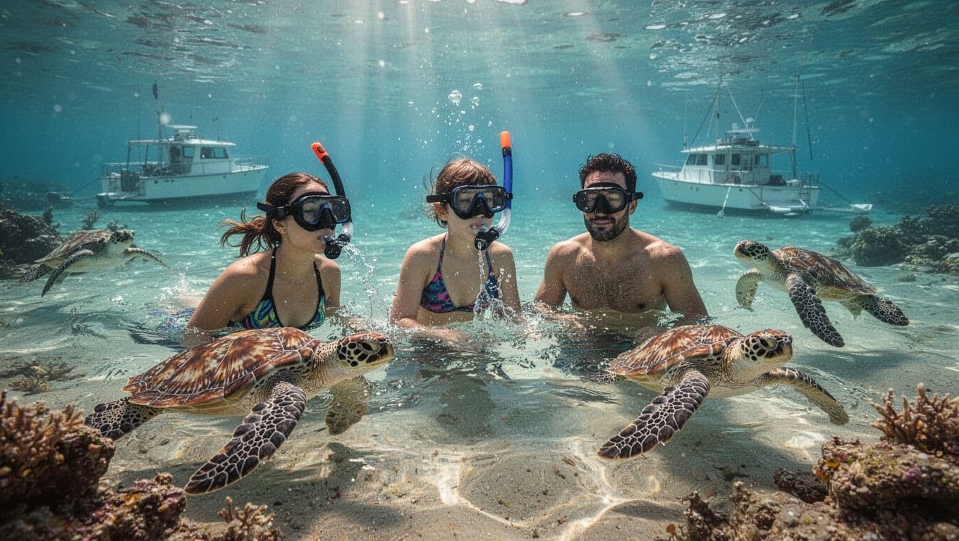 Three-person family snorkels shallow Waikiki reef; adult blows water from traditional snorkel, others watch turtles near anchored double-decker boat.
