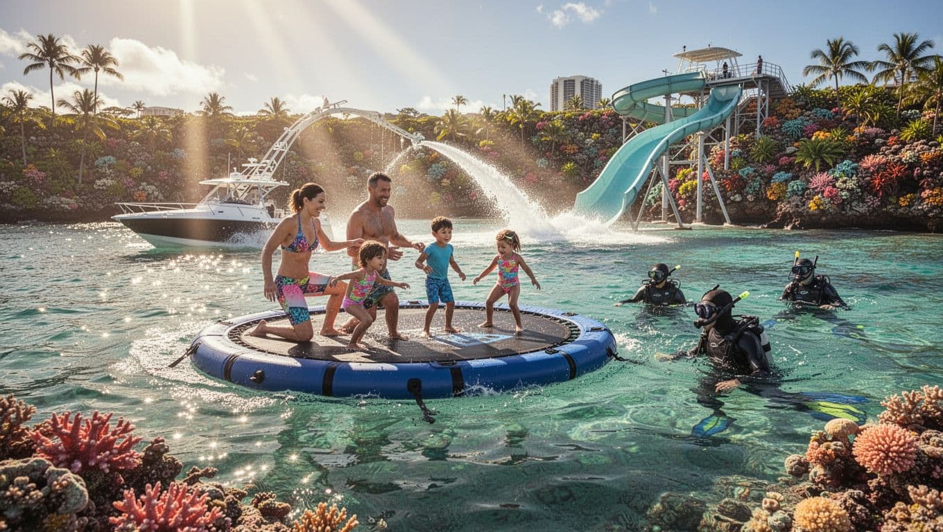 A family of four enjoys a deluxe snorkeling cruise off Waikiki, with kids bouncing on a water trampoline and sliding down a boat-mounted waterslide into turquoise ocean waters, while parents snorkel the nearby reef on a sunny day with dramatic lighting.