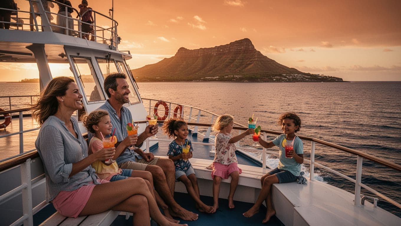 Family of four relaxes on upper deck of double-decker boat at Waikiki sunset, smiling at Diamond Head view.
