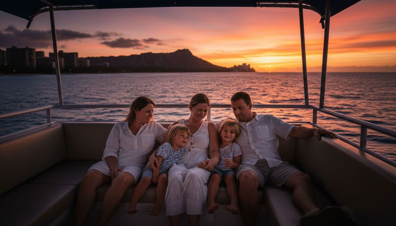 A family of four—parents and two young children aged 4-7—relaxes on the shaded upper deck of a tour boat at sunset off Waikiki, Hawaii, with a vibrant orange-purple sky and Diamond Head silhouette in the background, calm ocean waves, cinematic style.