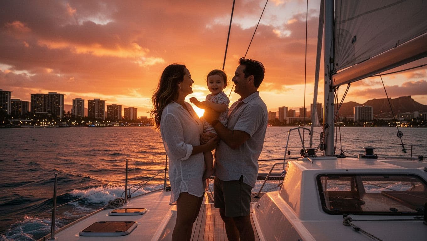 Silhouetted parents holding toddler on catamaran deck watch orange sunset over Waikiki skyline as city lights glow.