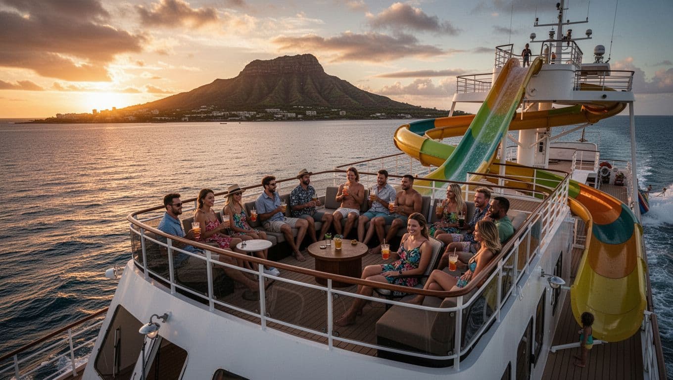 A family of 12 enjoys a sunset cruise on a double-decker boat off Waikiki, with Diamond Head silhouette, calm ocean, shaded seating, drinks, and water slide visible in an overhead angled cinematic shot.