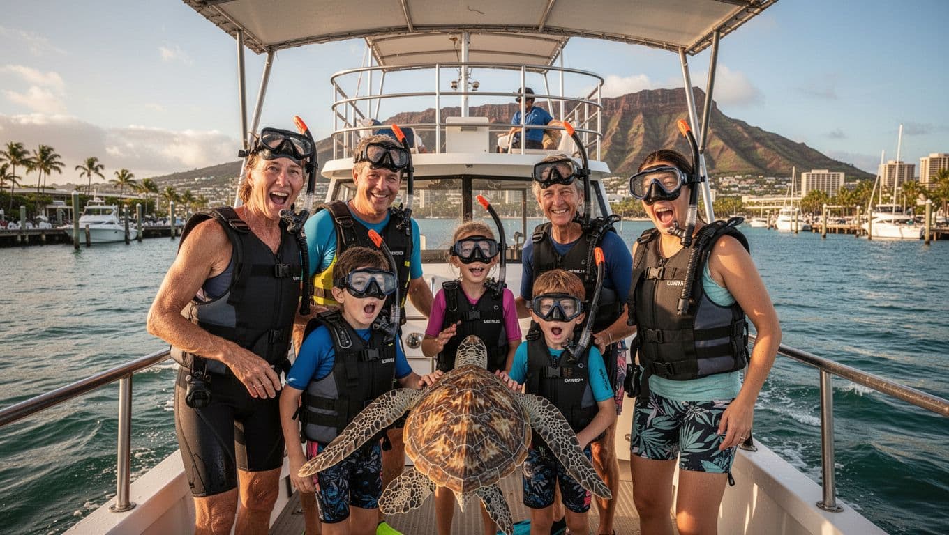 Family of four in snorkel gear boards double-decker boat at Kewalo Basin Harbor, Diamond Head in background.