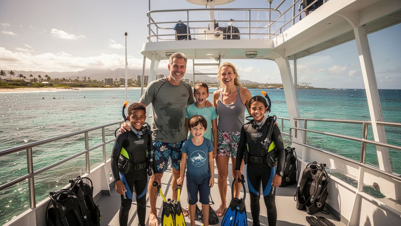Family of four with two adults and two kids on double-decker boat deck off Waikiki Oahu, excited expressions ocean view calm sea sunny day cinematic style.