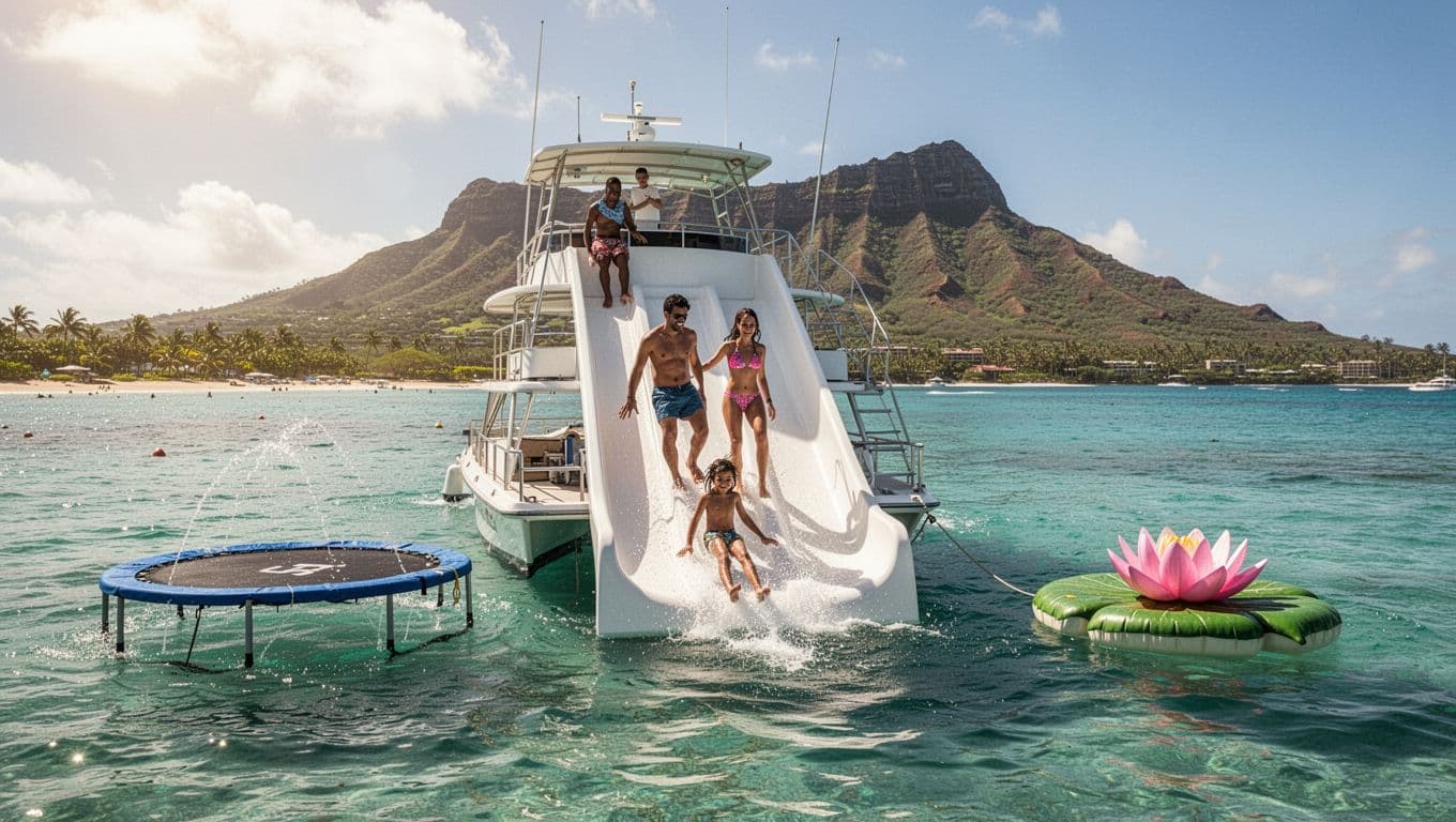 A relaxed family of two adults and one child enjoys a water slide on a double-decker boat off the Waikiki coast, with the child sliding into the turquoise ocean amid water trampoline and lily pads, Diamond Head in the sunny background.