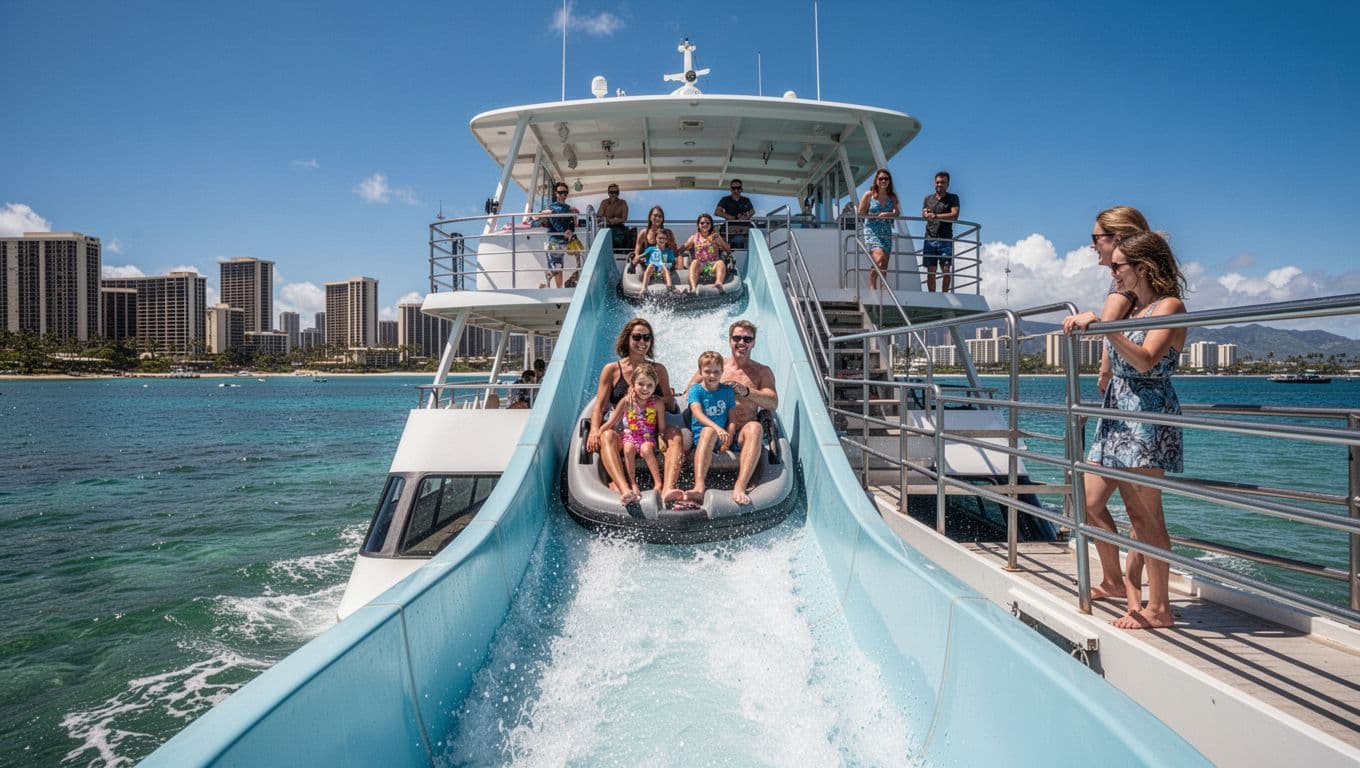 Family of four enjoying water slide from double-decker boat into Waikiki ocean, parents watching kids, sunny day with Honolulu skyline.